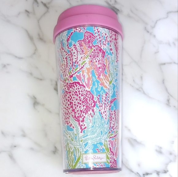 Lilly Pulitzer Let's Cha Cha multi print Summer 2013 pink lid 16 oz Travel mug - Picture 1 of 17